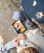 A child sitting on steps next to a filled Lassig Stainless Steel Lunchbox with a Unique Dark Blue lid. This lunch box has a removable divider. 