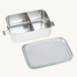 Lassig Stainless Steel Lunchbox with a Unique Olive Green colour lid. These stainless steel lunchboxes have a removable divider inside. 