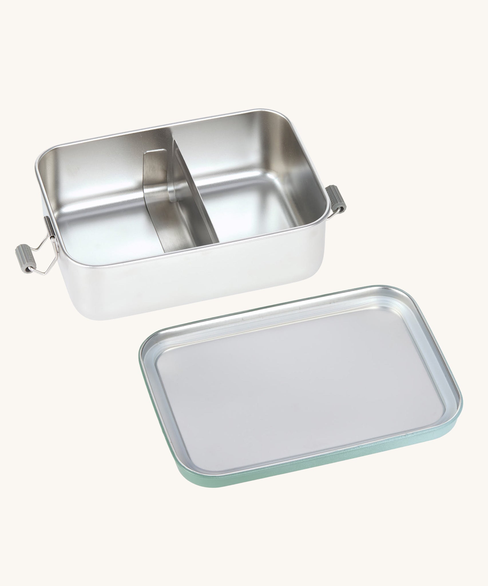 Lassig Stainless Steel Lunchbox with a Unique Olive Green colour lid. These stainless steel lunchboxes have a removable divider inside. 