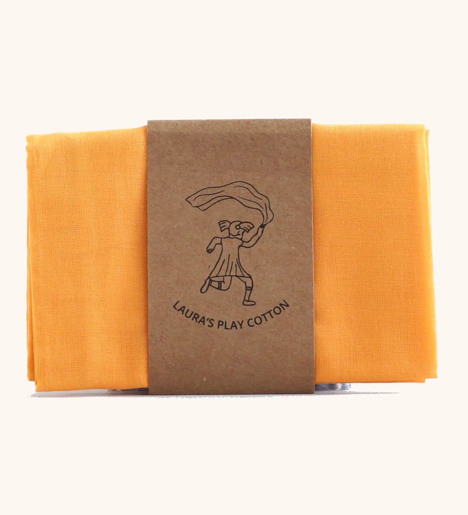 Laura's 100% organic cotton small play cloth in orange held together by a decorated cardboard strip