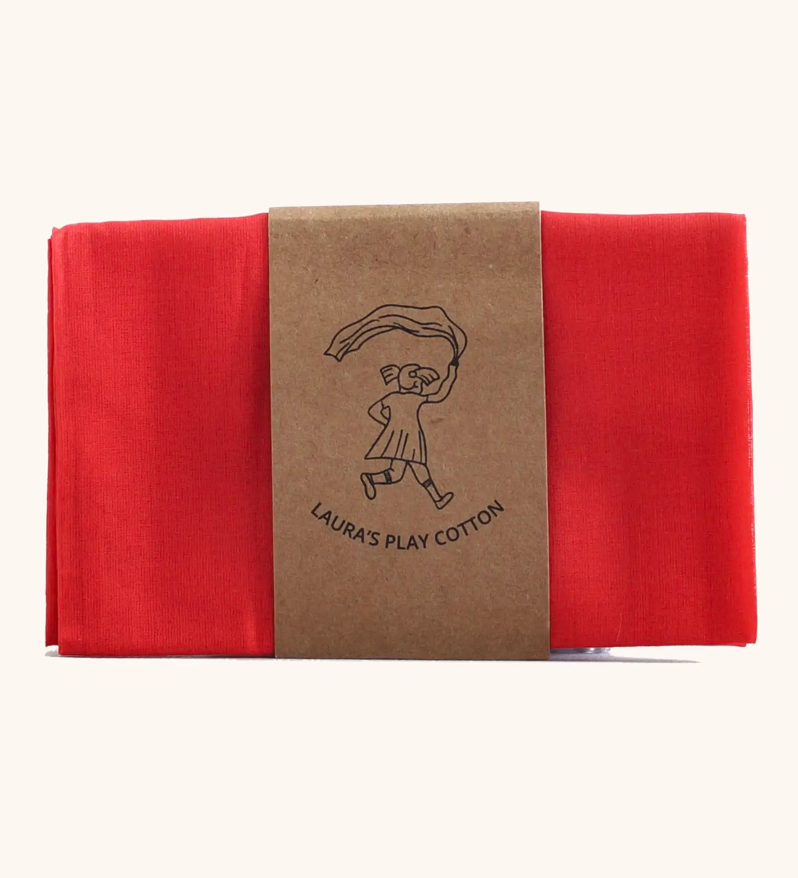 Laura's 100% organic cotton small play cloth in red held together by a decorated cardboard strip
