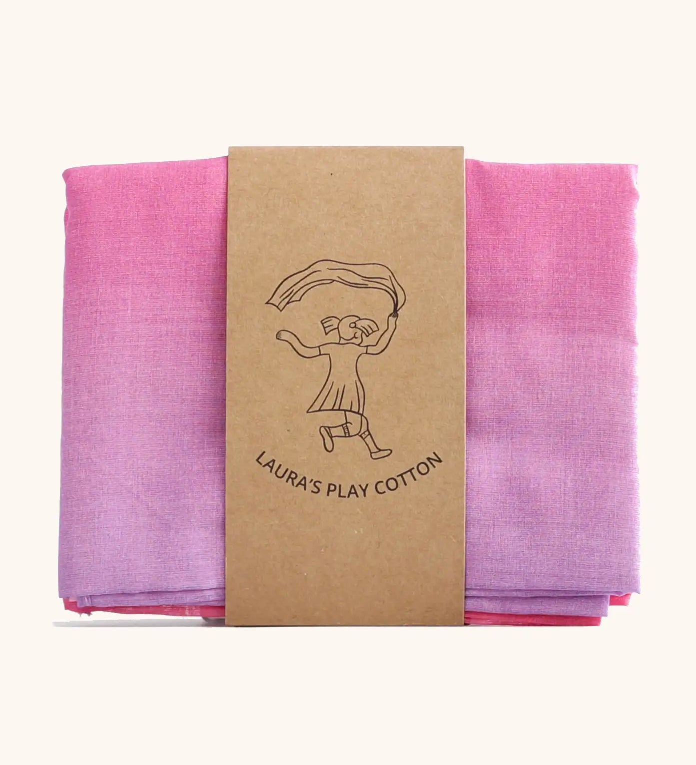 Laura's Play Cotton unicorn pink gradient playcloth, made from 100% organic cotton held by a decorative cardboard strip