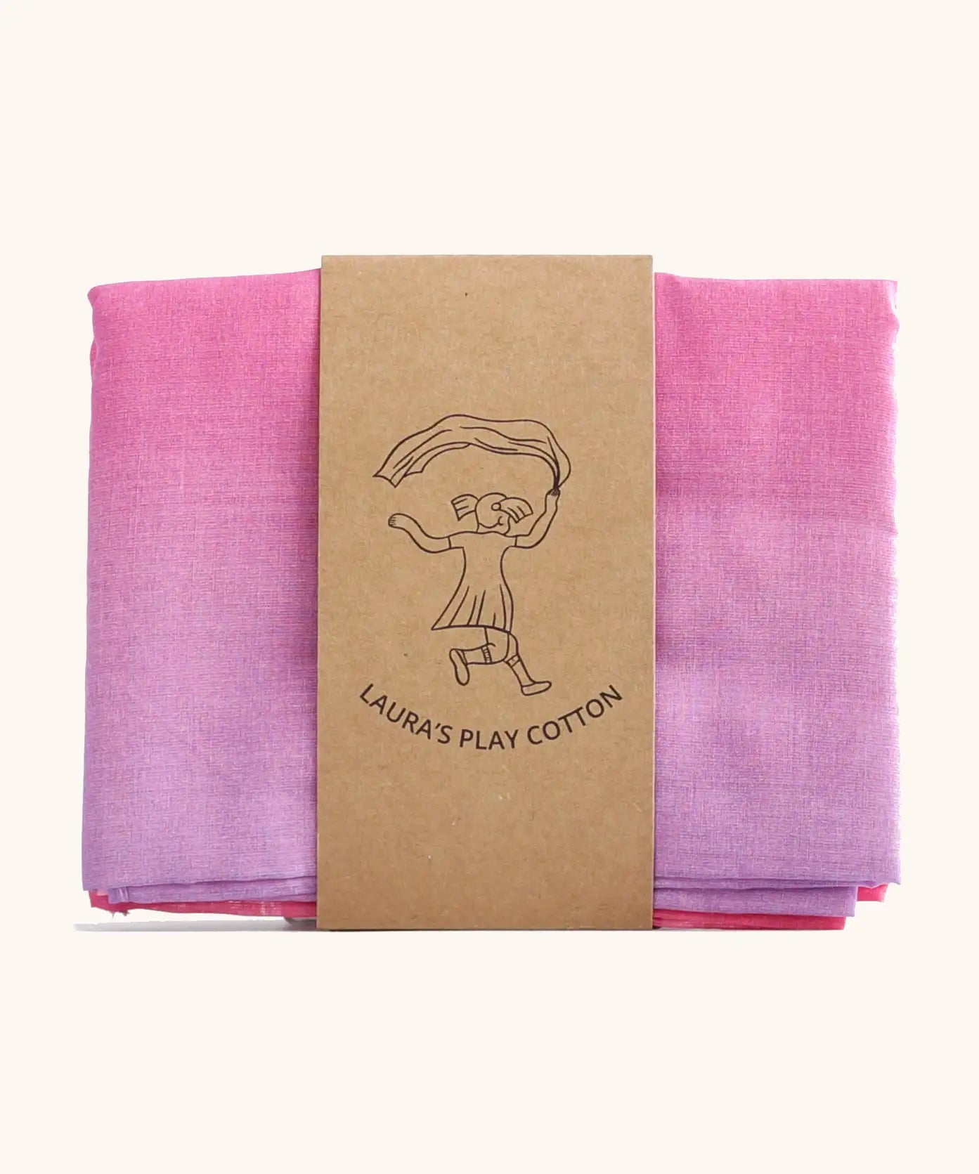 Laura's Play Cotton unicorn pink gradient playcloth, made from 100% organic cotton held by a decorative cardboard strip
