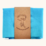 Laura's Play Cotton water blue gradient playcloth, made from 100% organic cotton held by a decorative cardboard strip