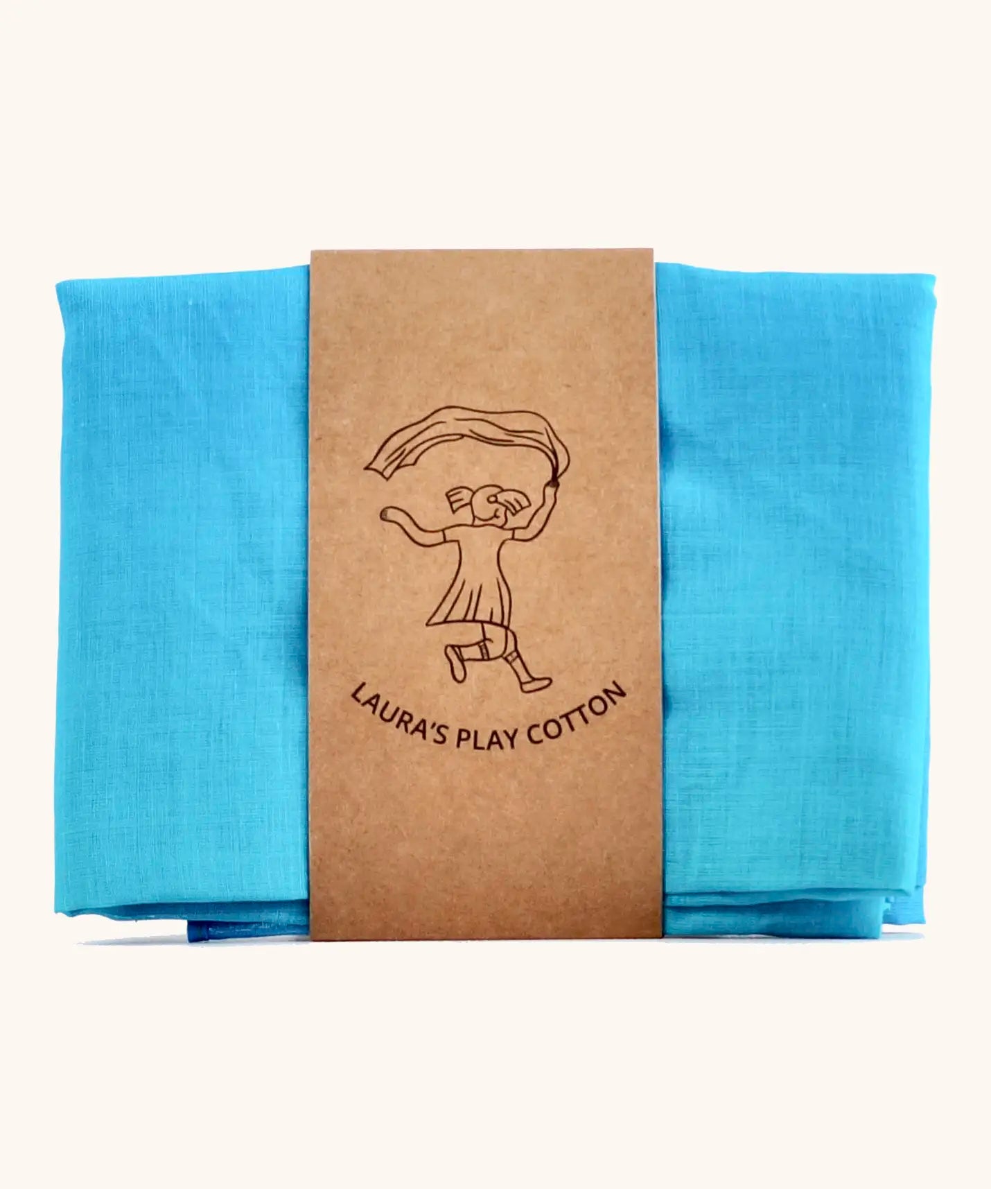 Laura's Play Cotton water blue gradient playcloth, made from 100% organic cotton held by a decorative cardboard strip
