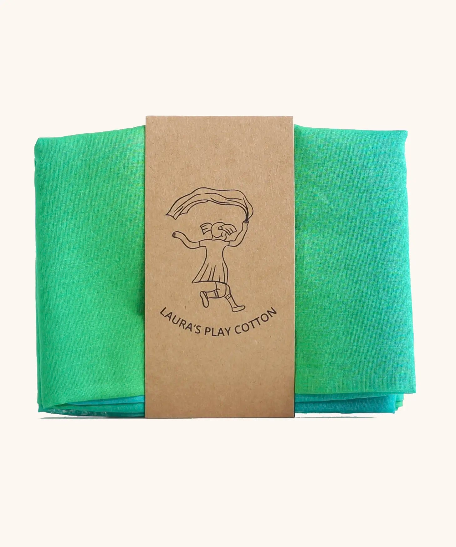 Laura's Play Cotton woods green gradient playcloth, made from 100% organic cotton held by a decorative cardboard strip