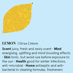 Infographic showing the main benefits of Lemon essential oil.