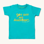Little Green Radicals Allotment Top, made from organic cotton with a light blue fabric, and green and yellow lettering on a cream background