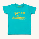 Little Green Radicals Allotment Top, made from organic cotton with a light blue fabric, and green and yellow lettering on a cream background