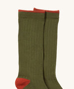 A close up of the green coloured Little Green Radicals ankle sock. Showing the soft ribbed stitch and ted trim on organic cotton fabric.