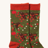A close up of the winter rabbit Little Green Radicals ankle socks showing the winter rabbit detail on soft organic cotton fabric