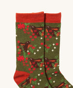 A close up of the winter rabbit Little Green Radicals ankle socks showing the winter rabbit detail on soft organic cotton fabric