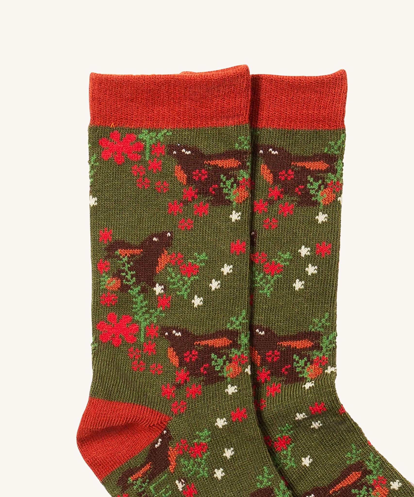 A close up of the winter rabbit Little Green Radicals ankle socks showing the winter rabbit detail on soft organic cotton fabric