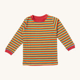Little Green Radicals autumn rainbow striped long sleeve top available at Babipur. A GOTS organic cotton top with long sleeves with autumn inspired coloured stripes with red collar and cuffs.