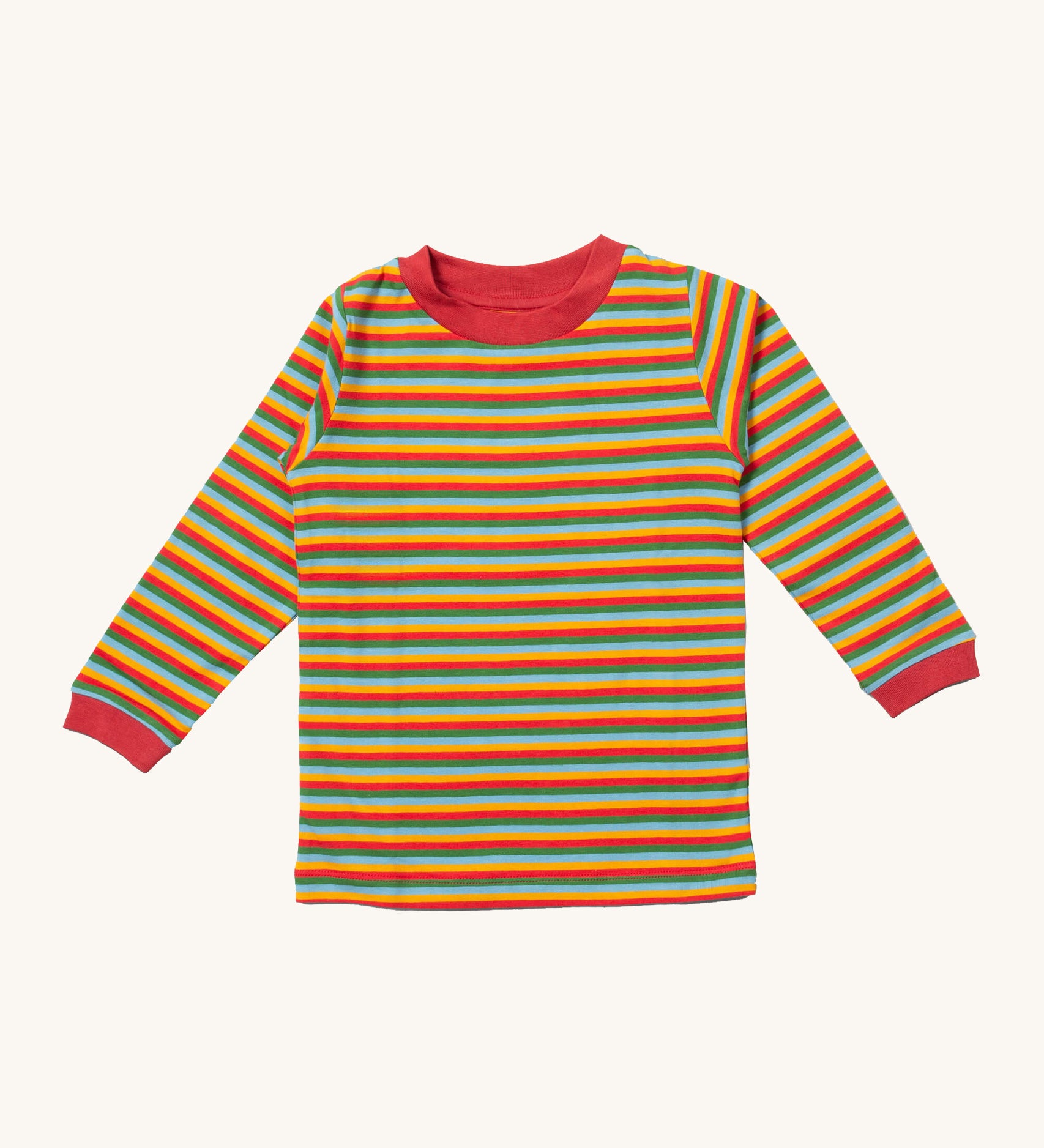 Little Green Radicals autumn rainbow striped long sleeve top available at Babipur. A GOTS organic cotton top with long sleeves with autumn inspired coloured stripes with red collar and cuffs.