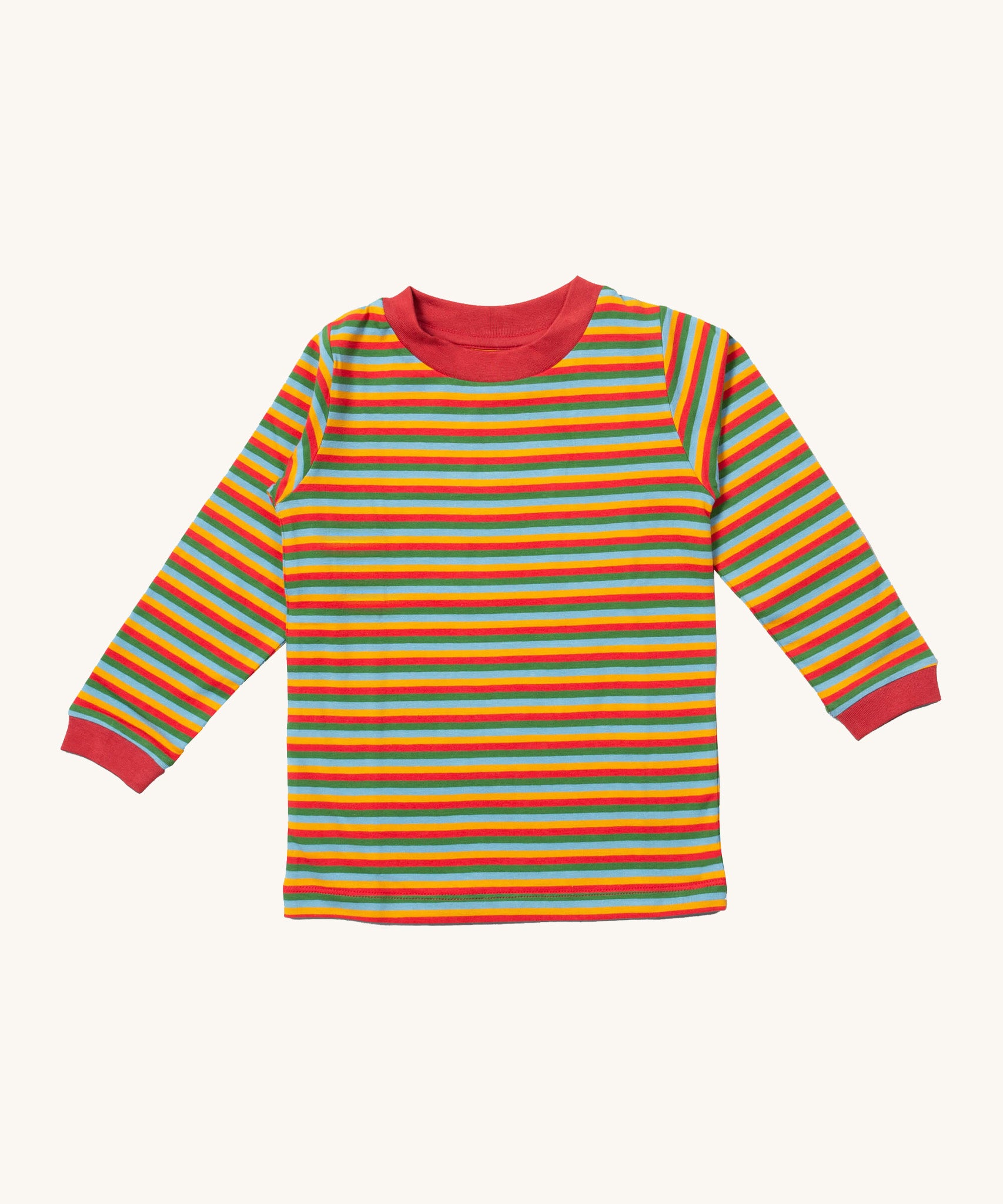 Little Green Radicals autumn rainbow striped long sleeve top available at Babipur. A GOTS organic cotton top with long sleeves with autumn inspired coloured stripes with red collar and cuffs.