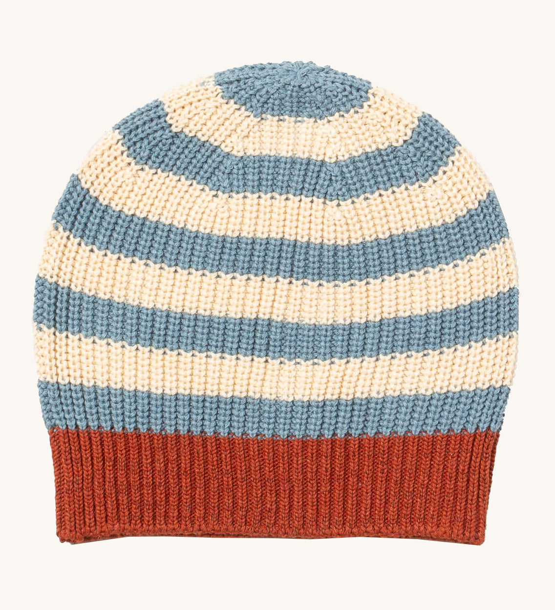 Little Green Radicals knitted beanie in blue stripes available at Babiour. A GOTS organic cotton blue and cream striped hat in a thick knit style. Features a red knitted brim. 