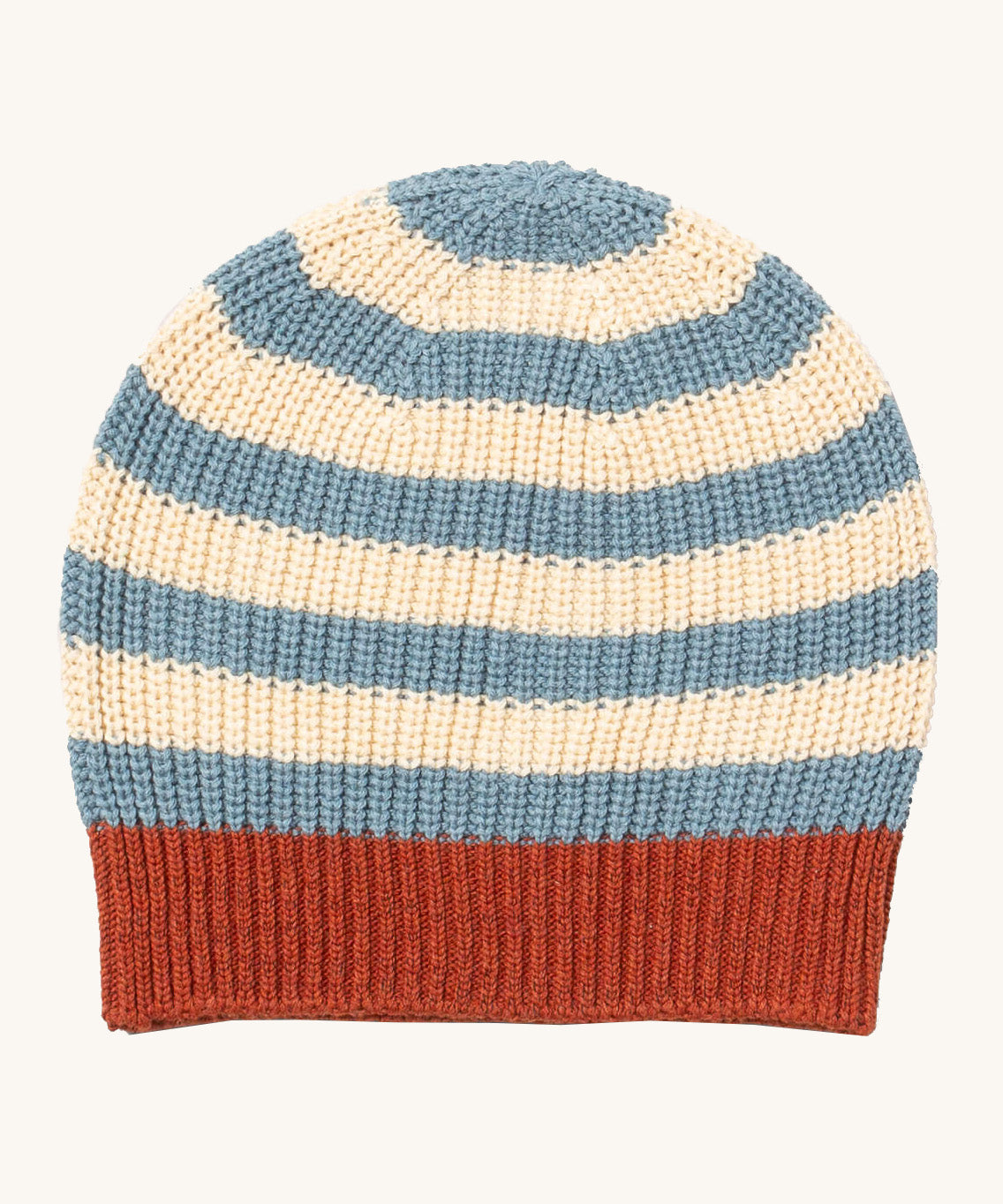 Little Green Radicals knitted beanie in blue stripes available at Babiour. A GOTS organic cotton blue and cream striped hat in a thick knit style. Features a red knitted brim. 