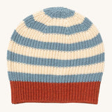 Little Green Radicals knitted beanie in blue stripes available at Babiour. A GOTS organic cotton blue and cream striped hat in a thick knit style. Features a red knitted brim. 