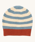 Little Green Radicals knitted beanie in blue stripes available at Babiour. A GOTS organic cotton blue and cream striped hat in a thick knit style. Features a red knitted brim. 