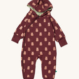 Little Green Radicals hooded snug suit in brown bears. A GOTS organic cotton brown all in one suit. Features a full length zip and a cute prints bears