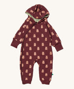 Little Green Radicals hooded snug suit in brown bears. A GOTS organic cotton brown all in one suit. Features a full length zip and a cute prints bears