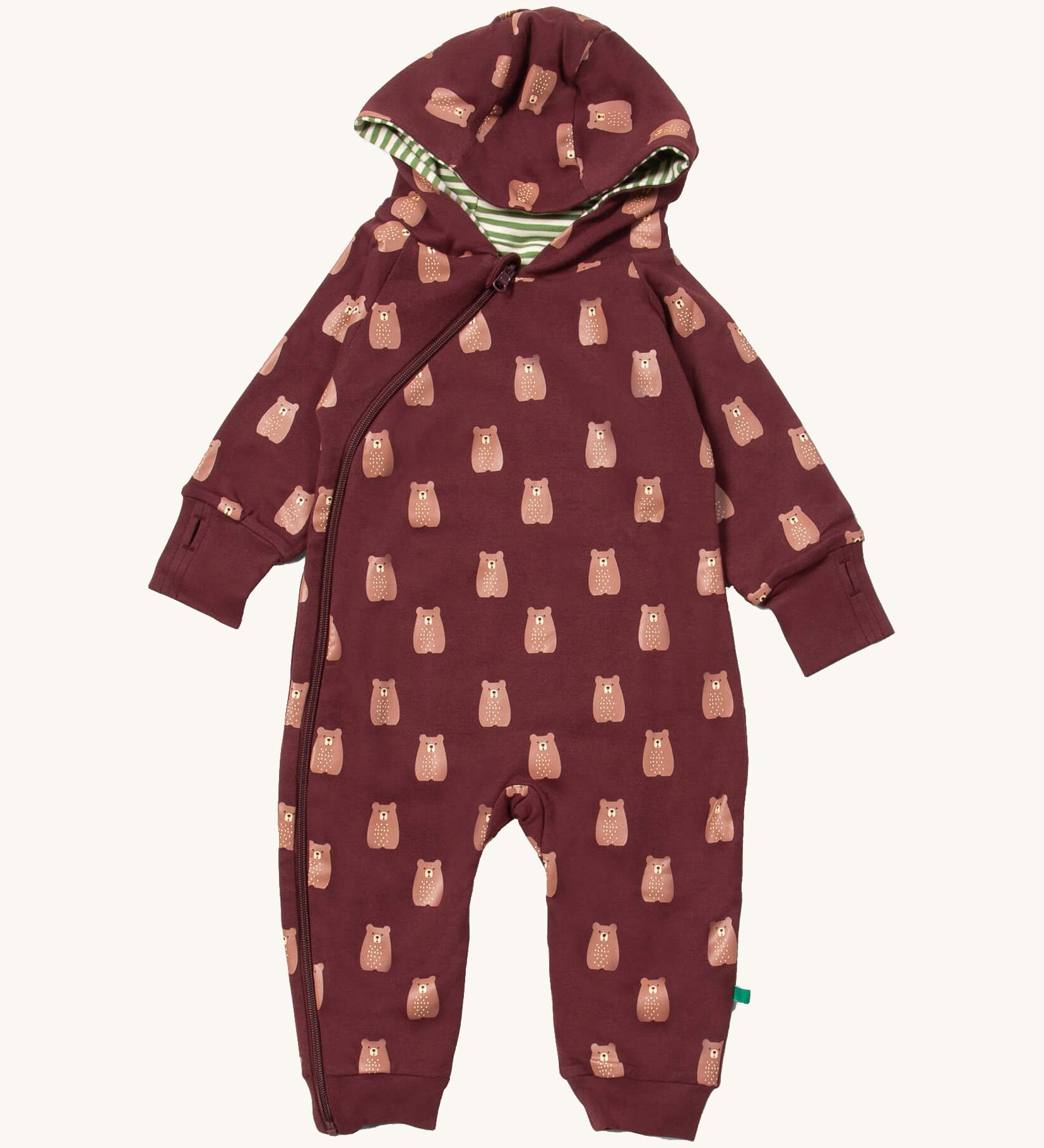 Little Green Radicals hooded snug suit in brown bears. A GOTS organic cotton brown all in one suit. Features a full length zip and a cute prints bears