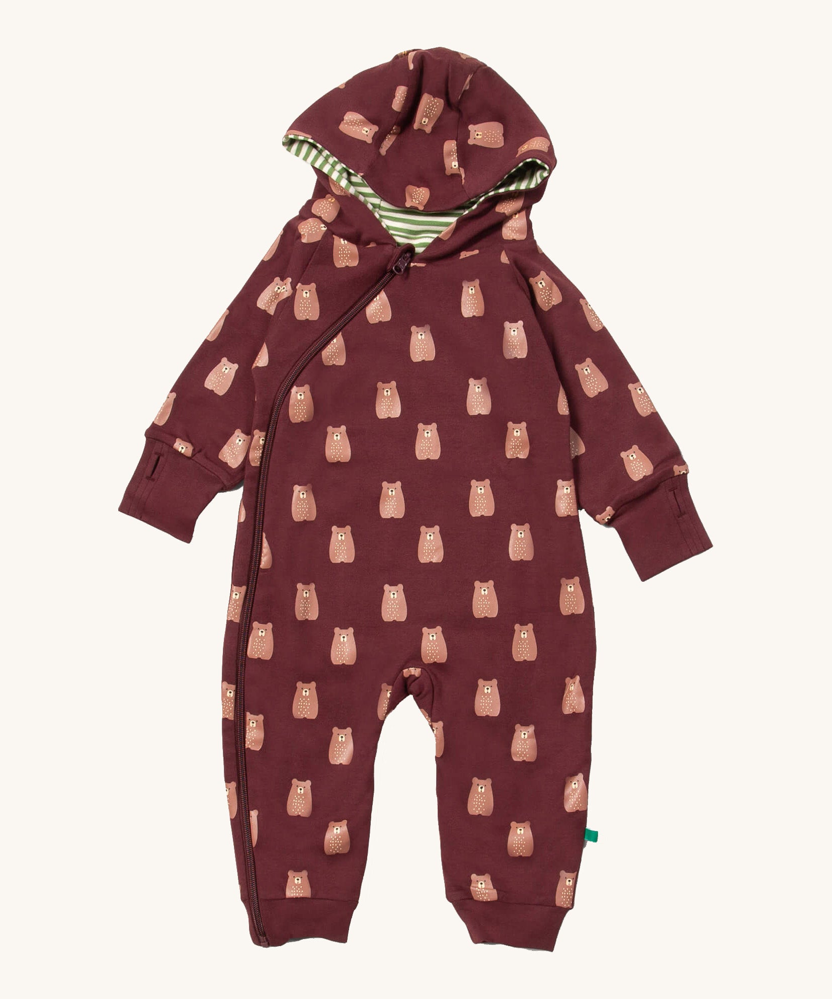 Little Green Radicals hooded snug suit in brown bears. A GOTS organic cotton brown all in one suit. Features a full length zip and a cute prints bears