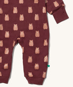 A close up of the Little Green Radicals hooded snug suit in flying birds showing the arm and leg cuff detail 