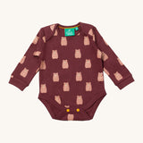 Little Green Radicals brown bears baby body suit 2 pack. A soft GOTS organic cotton bodysuit 2 pack in dark maroon with a cute bear print. Features yellow popper fastener around the crotch
