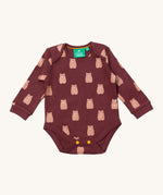 Little Green Radicals brown bears baby body suit 2 pack. A soft GOTS organic cotton bodysuit 2 pack in dark maroon with a cute bear print. Features yellow popper fastener around the crotch
