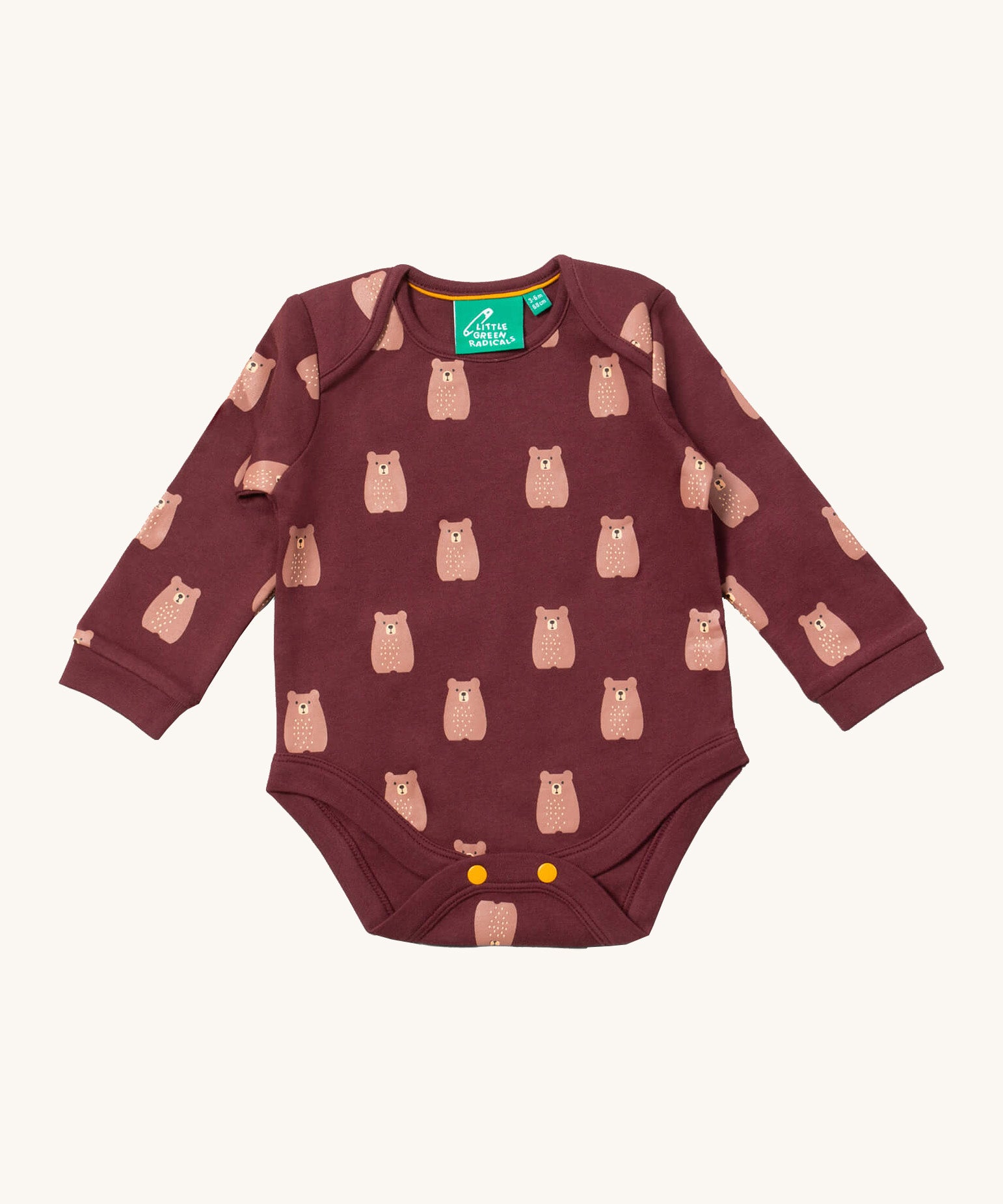 Little Green Radicals brown bears baby body suit 2 pack. A soft GOTS organic cotton bodysuit 2 pack in dark maroon with a cute bear print. Features yellow popper fastener around the crotch