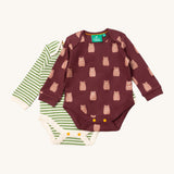 Little Green Radicals brown bears baby body suit 2 pack available at Babipur. A soft GOTS organic cotton bodysuit 2 pack in dark maroon with a cute bear print and a green and cream striped bodysuit. Features yellow popper fastener around the crotch