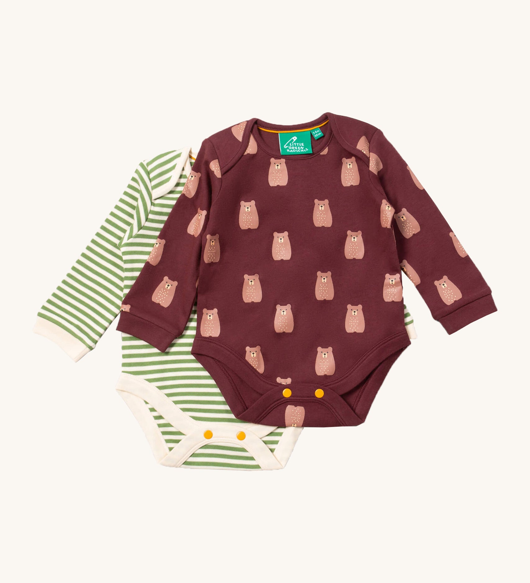 Little Green Radicals brown bears baby body suit 2 pack available at Babipur. A soft GOTS organic cotton bodysuit 2 pack in dark maroon with a cute bear print and a green and cream striped bodysuit. Features yellow popper fastener around the crotch