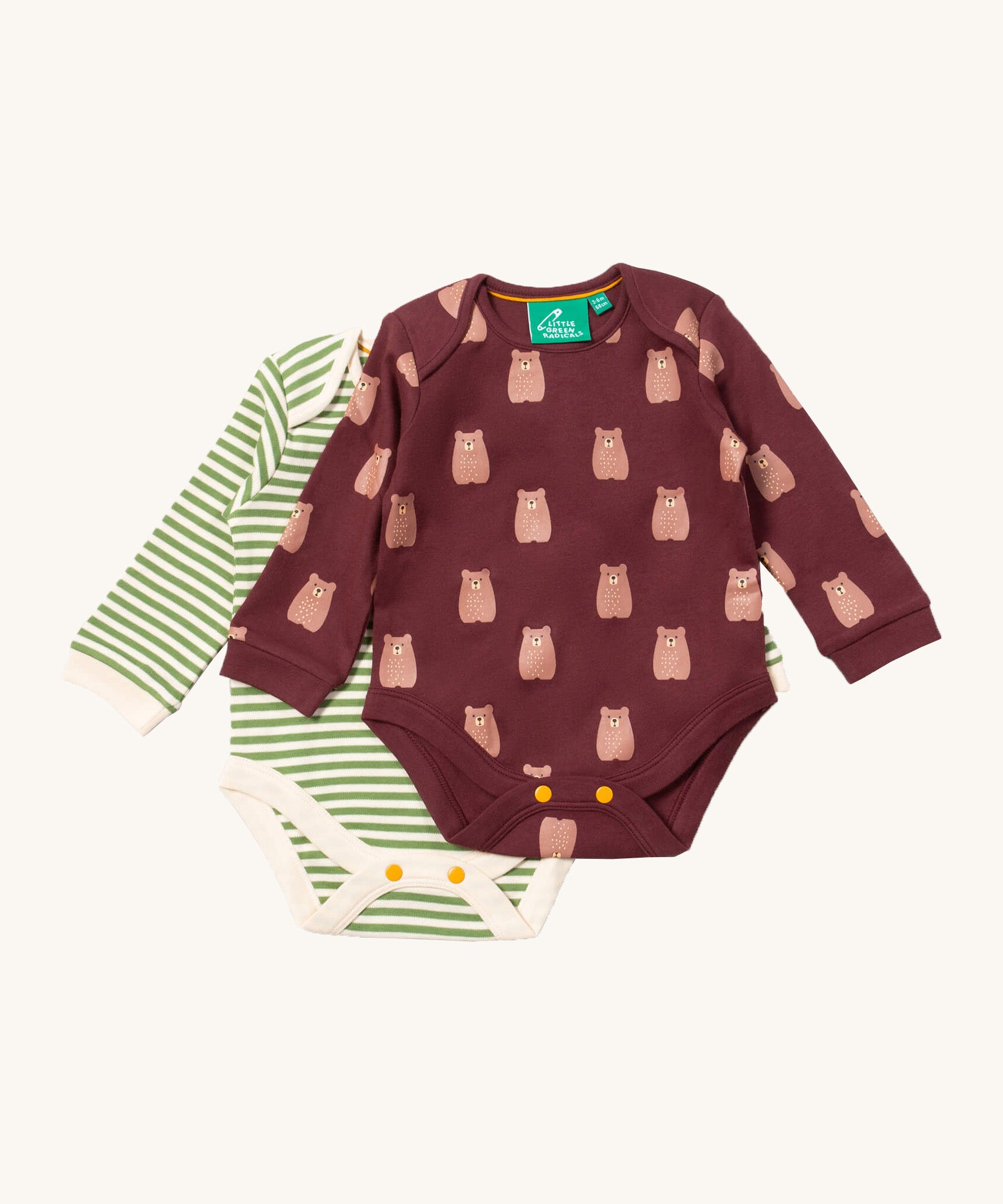 Little Green Radicals brown bears baby body suit 2 pack available at Babipur. A soft GOTS organic cotton bodysuit 2 pack in dark maroon with a cute bear print and a green and cream striped bodysuit. Features yellow popper fastener around the crotch