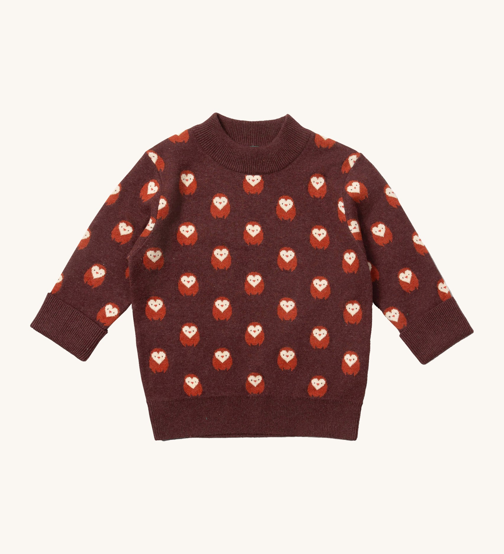 Little Green Radicals brown owl knitted jumper available at Babipur. A GOTS organic cotton soft knit jumper in brown with cute owls. Features a thicker collar and cuffs for warmth. 