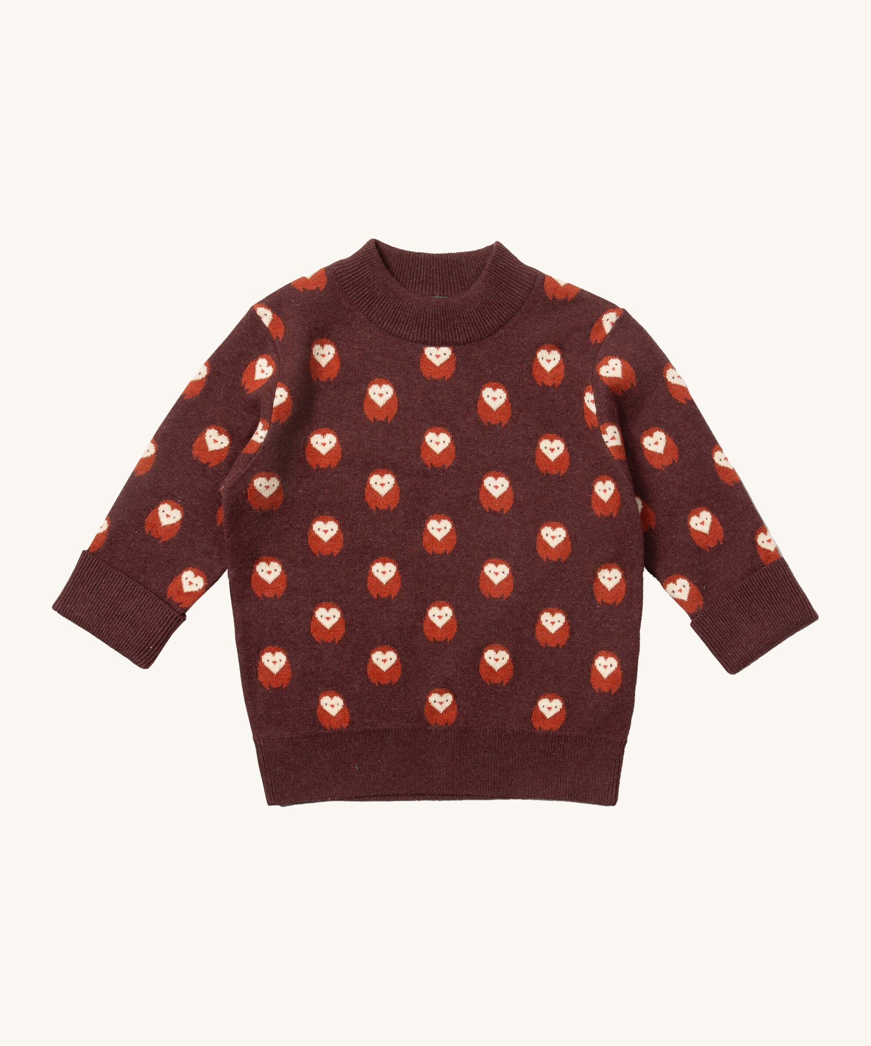 Little Green Radicals brown owl knitted jumper available at Babipur. A GOTS organic cotton soft knit jumper in brown with cute owls. Features a thicker collar and cuffs for warmth. 