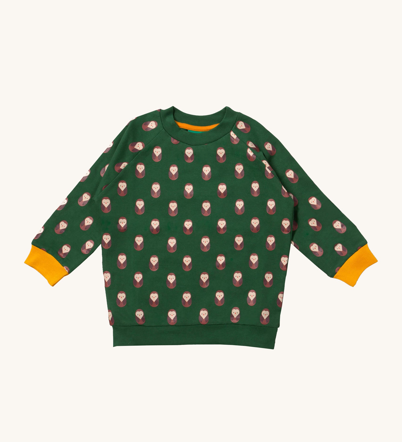 Little Green Radicals brown owl raglan sweatshirt available at Babipur. A GOTS organic cotton sweatshirt in green with yellow trim and a cute brown owl print