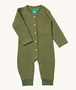 Little Green Radicals green chive waffle playsuit available at Babipur. A GOTS organic cotton all in one in a soft waffle knit style. Features button fasteners on the front and poppers around the crotch with a small pouch chest pocket and matching green trim