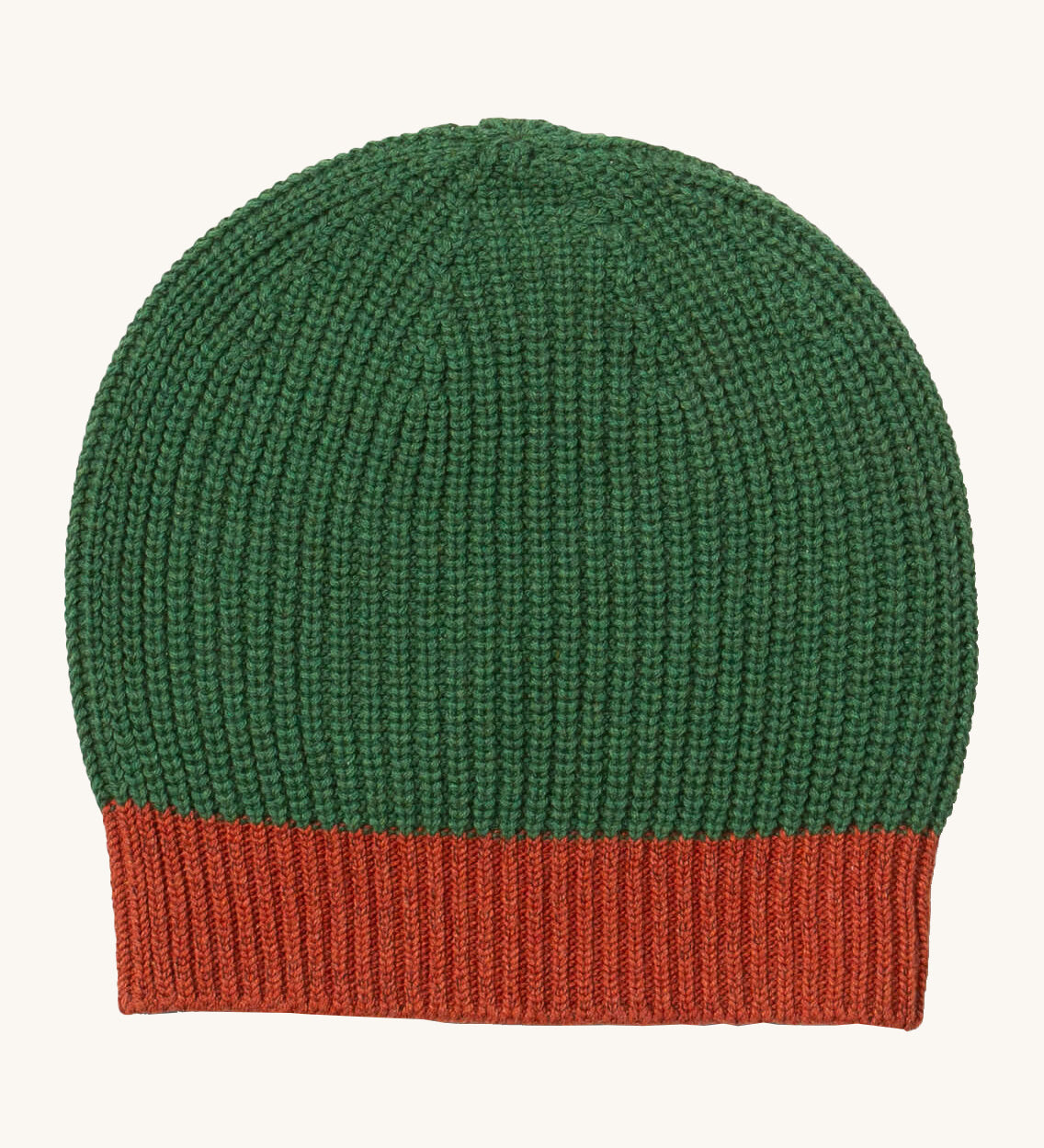 Little Green Radicals knitted beanie in chive available at Babiour. A GOTS organic cotton green beanie in a thick knit style. Features a red knitted brim. 