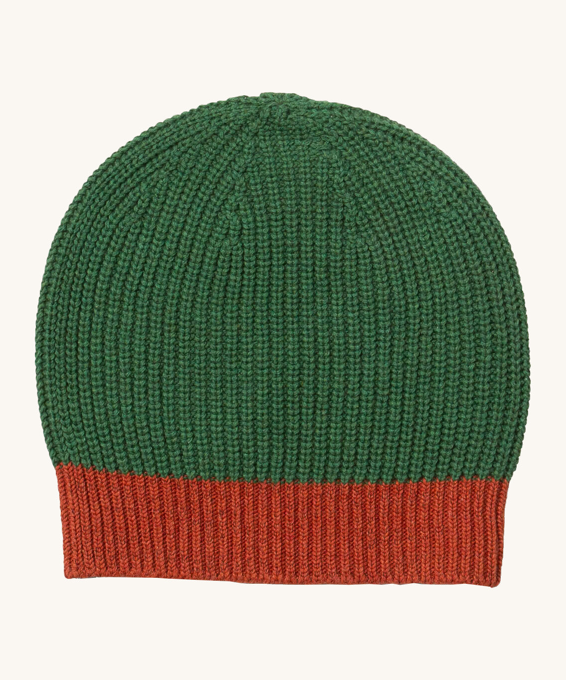 Little Green Radicals knitted beanie in chive available at Babiour. A GOTS organic cotton green beanie in a thick knit style. Features a red knitted brim. 