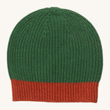 Little Green Radicals knitted beanie in chive available at Babiour. A GOTS organic cotton green beanie in a thick knit style. Features a red knitted brim. 