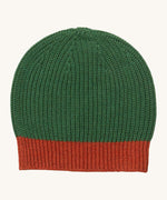 Little Green Radicals knitted beanie in chive available at Babiour. A GOTS organic cotton green beanie in a thick knit style. Features a red knitted brim. 