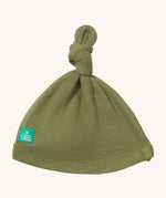 Little Green Radicals chive tie hat available at Babipur. A GOTS organic cotton hat in green with a knot on the top. Features a small brand patch on the brim