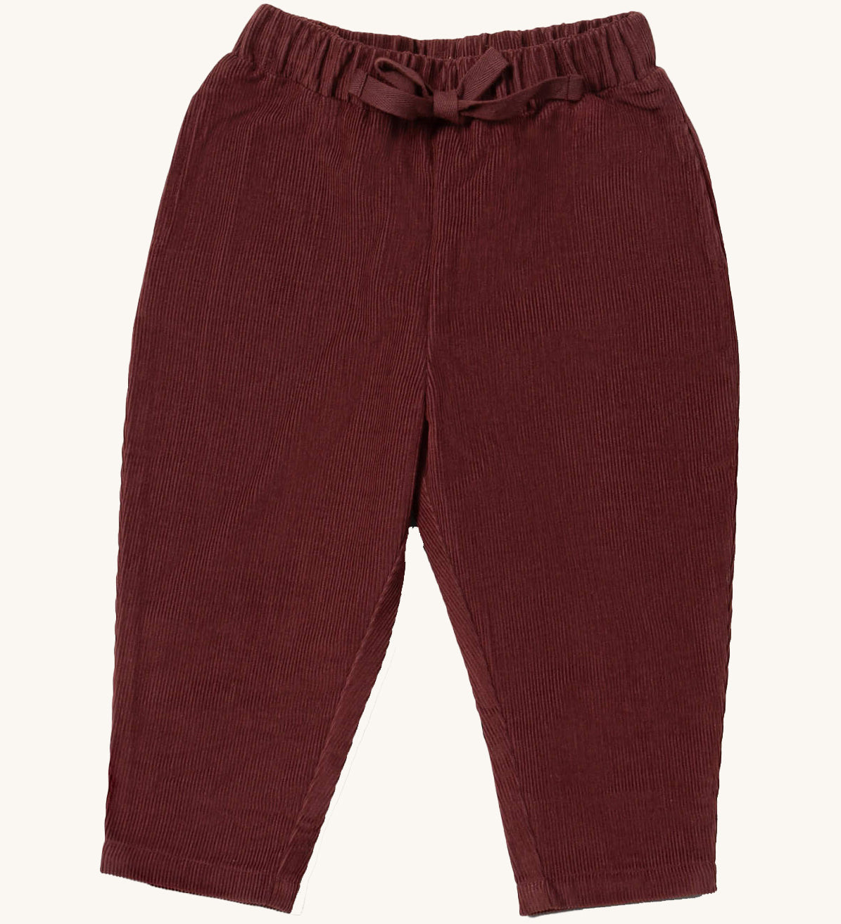 Little Green Radicals comfy trousers in chocolate corduroy available at Babipur.. A soft GOTS organic cotton trousers in dark maroon with elasticated waistband for a comfortable fit and a matching drawstring.