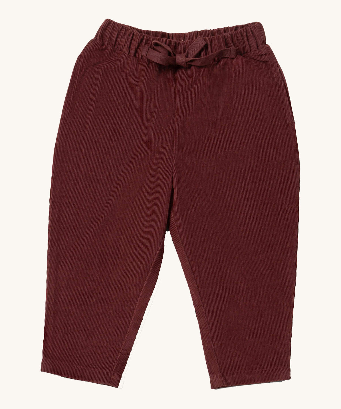 Little Green Radicals comfy trousers in chocolate corduroy available at Babipur.. A soft GOTS organic cotton trousers in dark maroon with elasticated waistband for a comfortable fit and a matching drawstring.