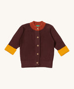 Little Green Radicals knitted cardigan in chocolate available at Babipur. A GOTS organic cotton cardigan in brown with yellow and light brown trim. Features button fasteners for a secure fit