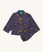 Little Green Radicals classic pyjama set in dark night available at Babipur. A GOTS organic cotton pyjama set including a long sleeve shirt style top in navy with yellow trim and a starry night print and matching navy bottoms.