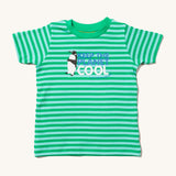 Little Green Radicals Children's Organic Cotton Keep The Planet Cool Short Sleeve T-Shirt, with green and light green/blue stripes, blue and white lettering with a penguin logo. On a cream background