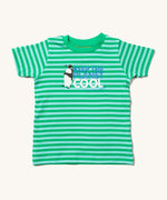 Little Green Radicals Children's Organic Cotton Keep The Planet Cool Short Sleeve T-Shirt, with green and light green/blue stripes, blue and white lettering with a penguin logo. On a cream background